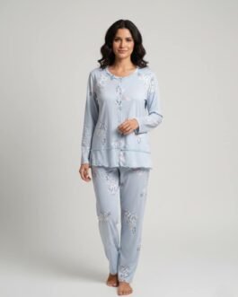 Γυναικεία Πυτζάμα Βαμβακερή με Κουμπιά σε Μπλε